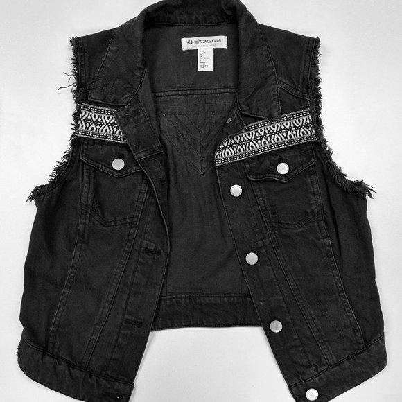 H&M Coachella Collection Embroidered Black Denim Vest EUC size 8 - Picture 2 of 11